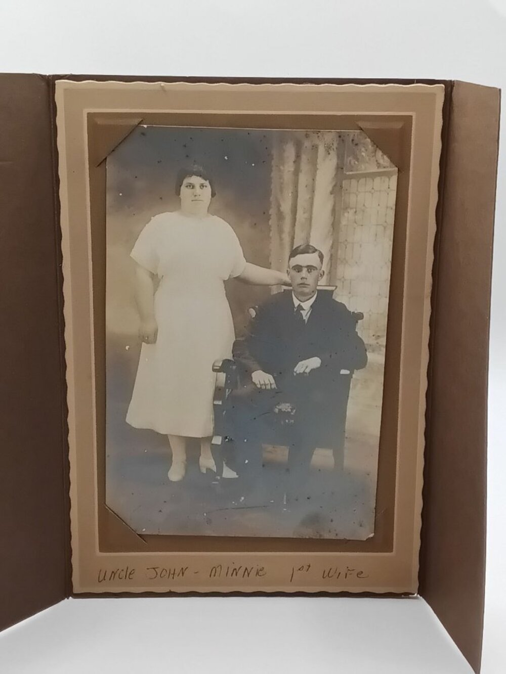Antique Sepia-Tone Portrait Photo Couple JOHN & MINNIE Cardboard Frame